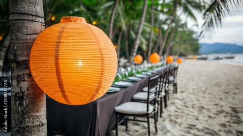 Holiday-themed lanterns lighting up a beachside celebration photo