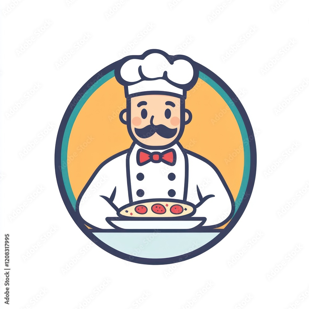Cartoon chef in white uniform holding plate of food, on yellow background, for food or restaurant Cartoon chef in white uniform holding plate of food, on yellow background, for food or restaurant