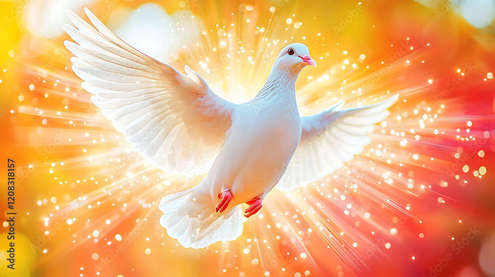 Fototapeta premium A radiant white dove in flight, bathed in a warm, golden light. Its wings are outstretched, creating a dynamic, spiritual image perfect for religious themes, hope, peace, or inspirational projects.