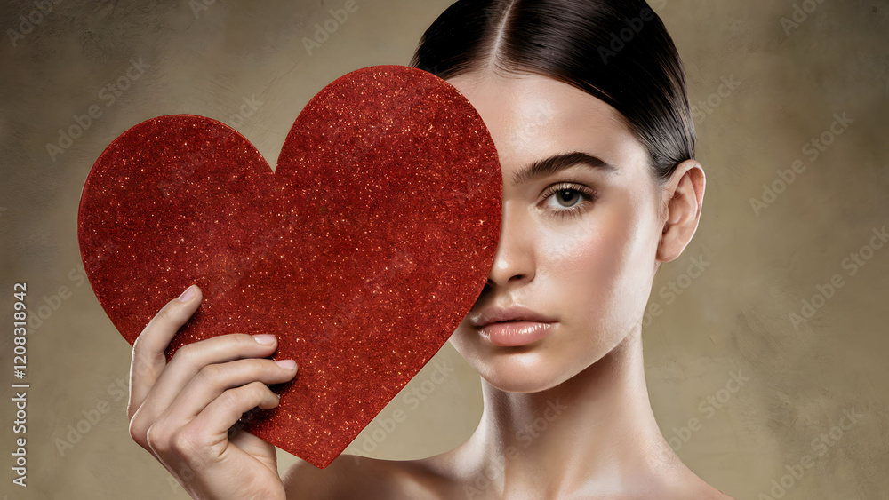 Artistic Portrait of a Young Woman Holding a Sparkling Red Heart, Half-Shadowed Face Against a Soft Neutral Background Artistic Portrait of a Young Woman Holding a Sparkling Red Heart, Half-Shadowed Face Against a Soft Neutral Background