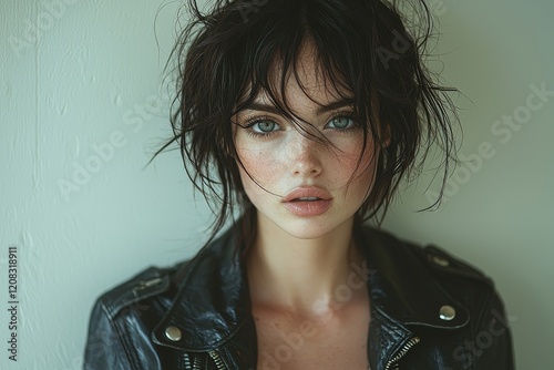 A poised tomboy with short hair, captured in a stylish portrait, set against a pristine white backdrop with subtle faded hues