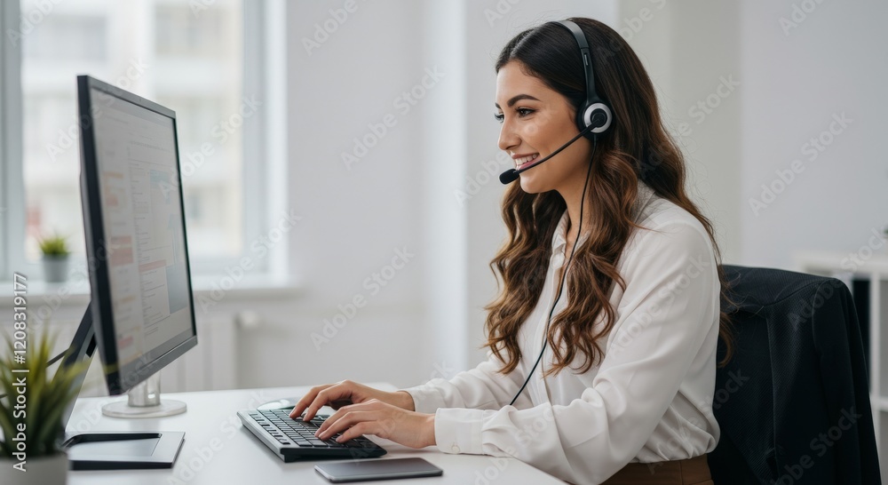 Young person online support worker at workplace, using headset phone for video call Young person online support worker at workplace, using headset phone for video call