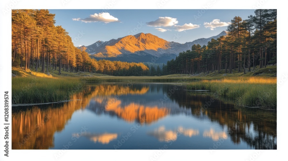 Fototapeta premium Serene Alpine Lake Nestled Amongst Pine Trees with Majestic Mountain Peaks in the Distance