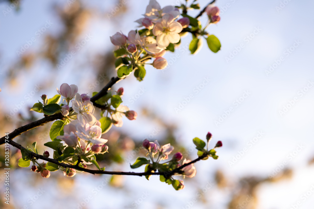 Blooming branch of an apple tree illuminated by the sun against the background of a bright sky. Close-up, blurred background Blooming branch of an apple tree illuminated by the sun against the background of a bright sky. Close-up, blurred background