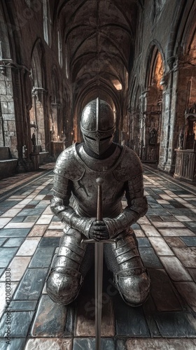 A knight kneels in solemn contemplation within an ancient abbey, surrounded by historical architecture, capturing a moment of dignity and reflection amidst grandeur.
