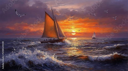 Wallpaper Mural Sunset Sailboat Painting: A Majestic Ocean Scene at Golden Hour Torontodigital.ca