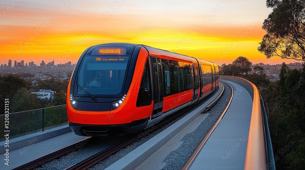 Naklejka premium Sunset Ride: Modern Tram Elevated on Scenic Route