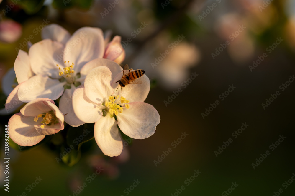 Bee collects nectar on a white apple tree flower. Macro capture Bee collects nectar on a white apple tree flower. Macro capture