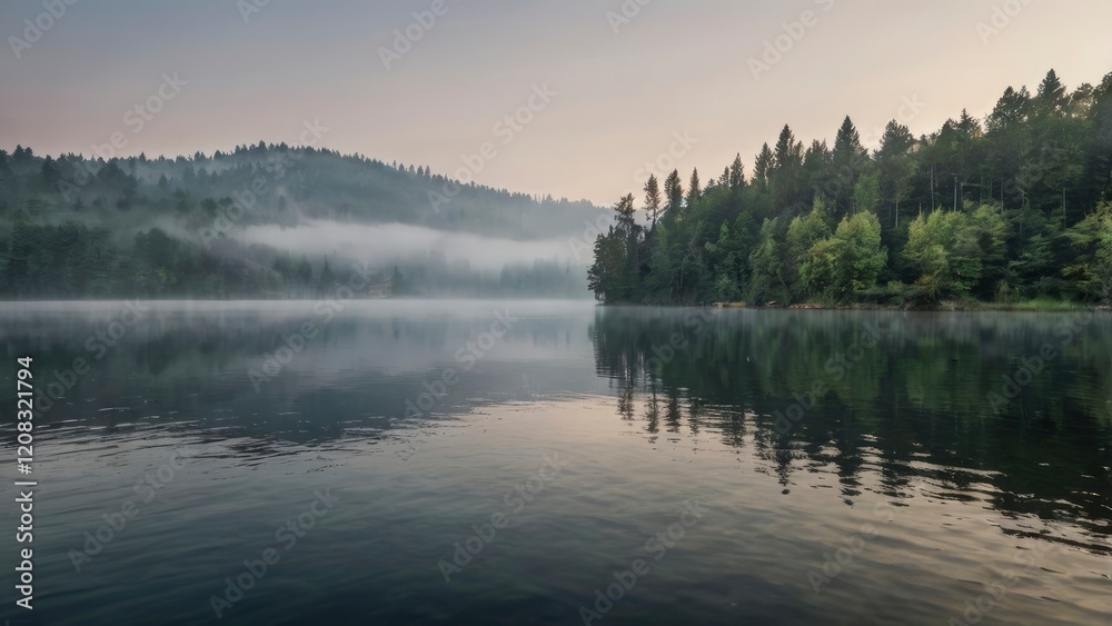 Misty Lake Serenity: Tranquil Dawn over Forested Shores Misty Lake Serenity: Tranquil Dawn over Forested Shores