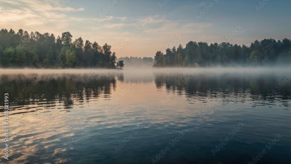 Misty Morning Lake: Serene Dawn Landscape with Trees Reflected Misty Morning Lake: Serene Dawn Landscape with Trees Reflected