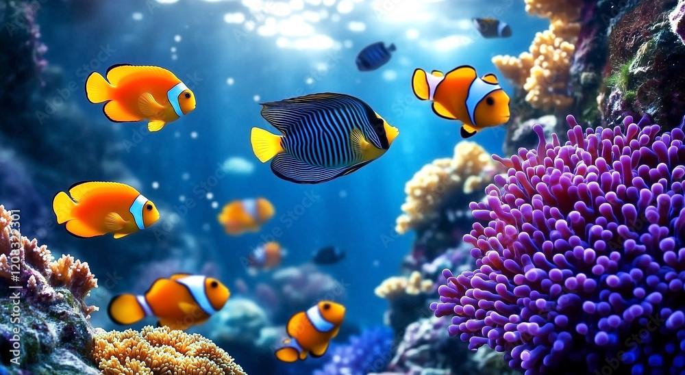 Naklejka premium Vibrant coral reef aquarium scene with tropical fish and colorful corals