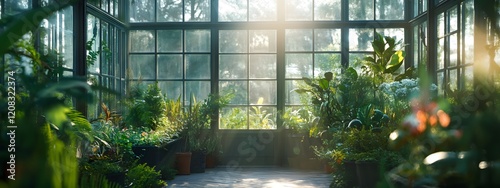 Lush Greenhouse with Tropical Plants

