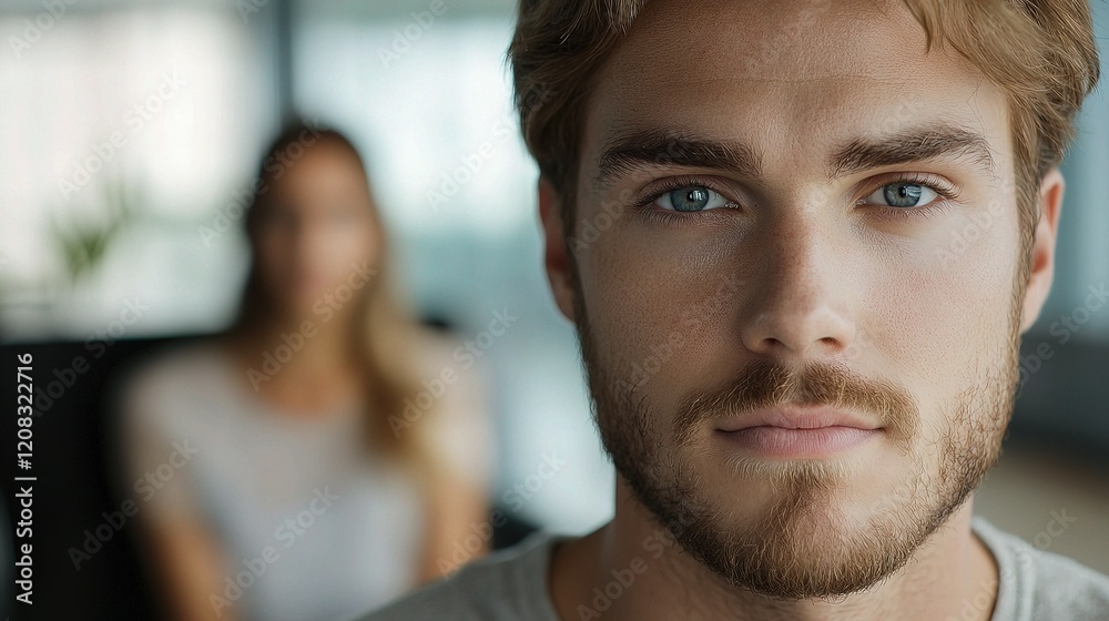 Man Gazing at Camera with Woman in Soft Focus in Background Man Gazing at Camera with Woman in Soft Focus in Background