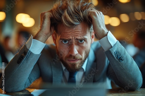 A man sitting alone at a table, looking stressed and overwhelmed photo