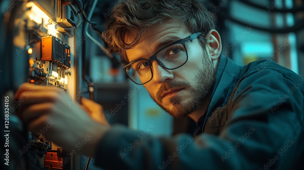 Young Engineer in Glasses Analyzing Circuitry in High-Tech Workshop : Generative AI Young Engineer in Glasses Analyzing Circuitry in High-Tech Workshop : Generative AI
