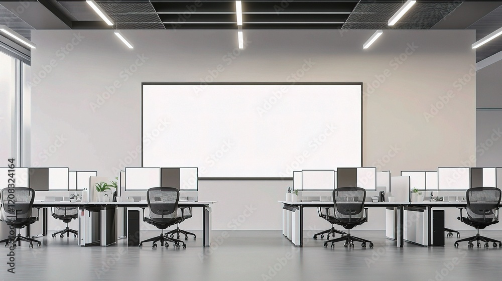 Modern Office Interior Featuring Desks with Computers and Plants Modern Office Interior Featuring Desks with Computers and Plants
