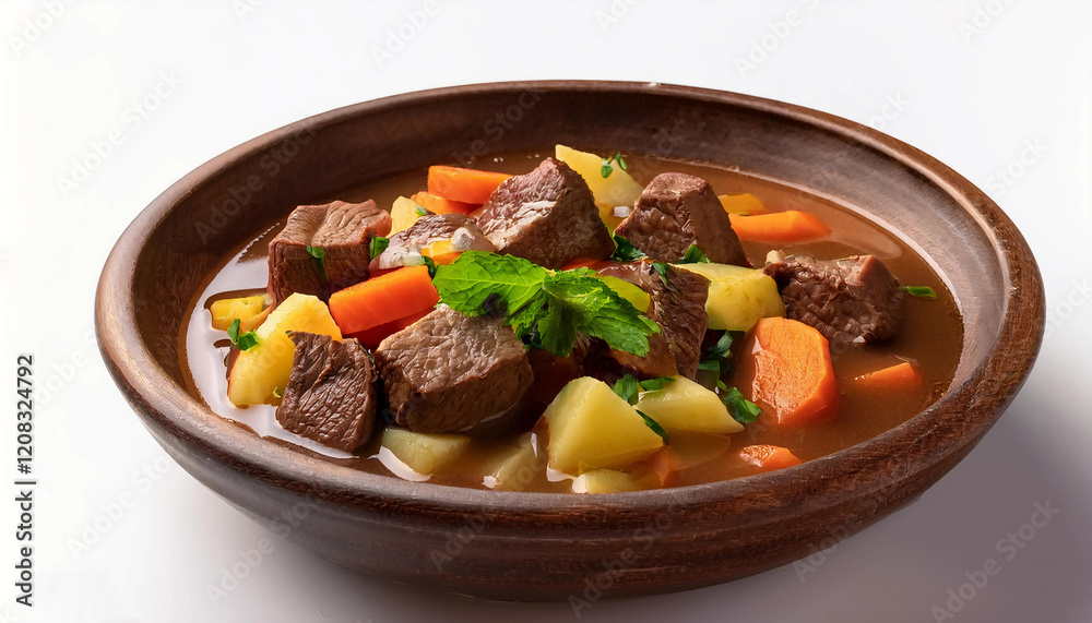 A hearty beef stew with tender chunks of beef, carrots, potatoes, and onions in a rich broth, served in a rustic bowl. Great for comfort food themes, winter visuals, or traditional meal concepts.