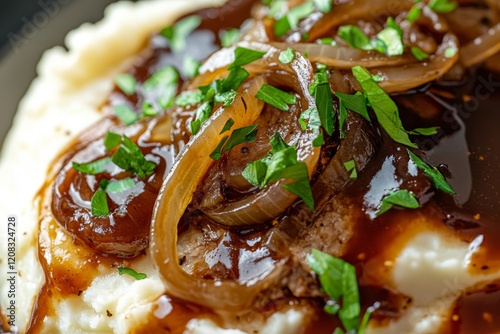 A salisbury steak with caramelized onions and brown gravy. Processed beef steak served with creamy mashed potatoes.
