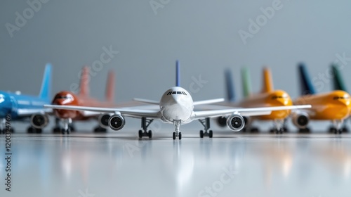 A unique model airplane displayed in a lineup of standard commercial models