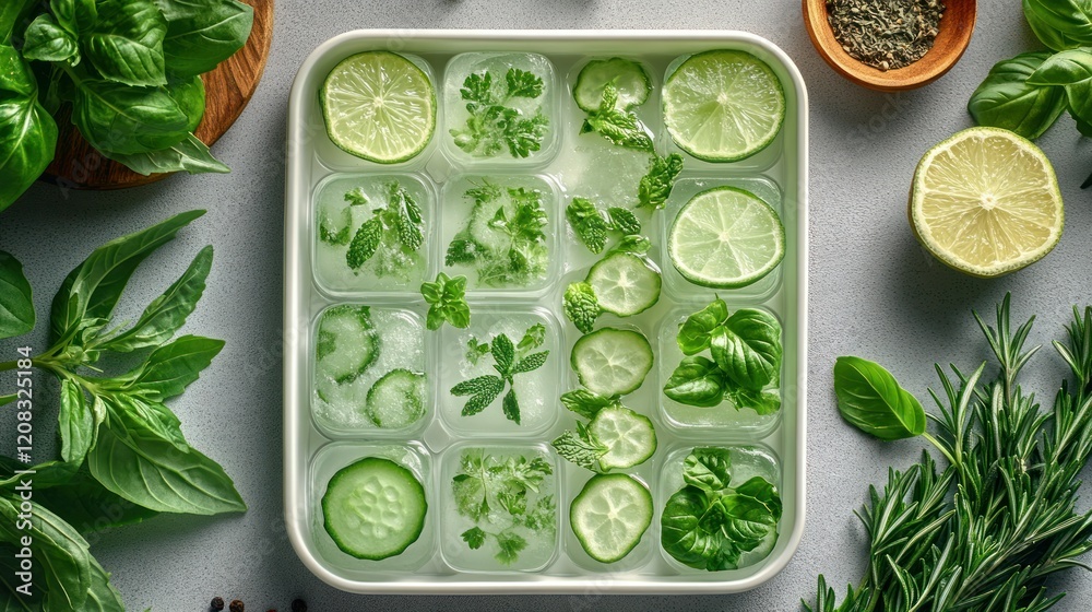 Obraz premium Frozen herb & lime ice cubes, kitchen prep