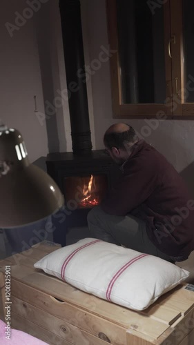 man in his forties lighting the cooker fire in an idyllic rustic space with an evening atmosphere