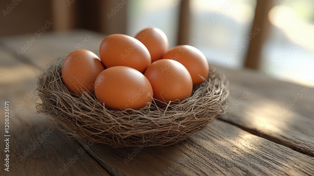 Easter eggs in rustic nest on wooden table for holiday decoration and design Easter eggs in rustic nest on wooden table for holiday decoration and design