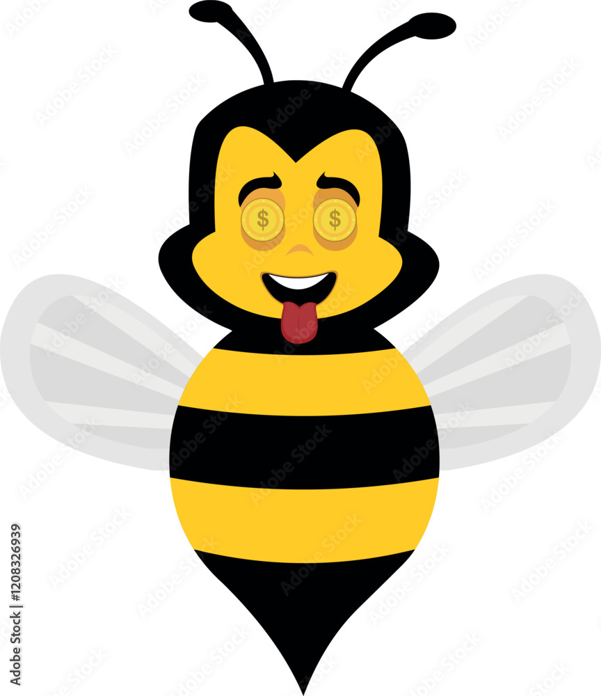vector illustration character bee insect cartoon, with an ambitious expression, coins in his eyes and his tongue sticking out vector illustration character bee insect cartoon, with an ambitious expression, coins in his eyes and his tongue sticking out