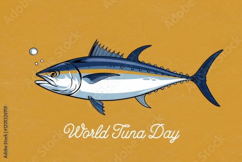 A vibrant illustration celebrating World Tuna Day, showcasing a detailed tuna swimming in an ocean. photo