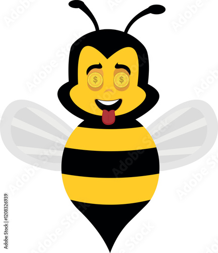 vector illustration character bee insect cartoon, with an ambitious expression, coins in his eyes and his tongue sticking out