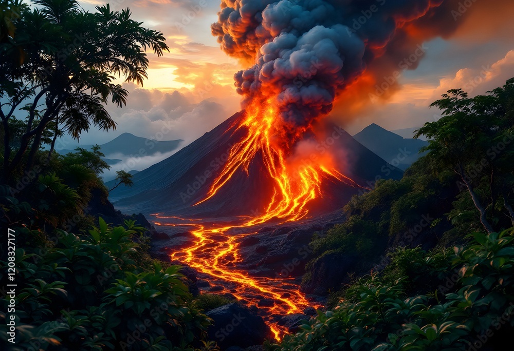 Fototapeta premium Volcanic Eruption: Fiery Lava Flows Through Lush Tropical Landscape