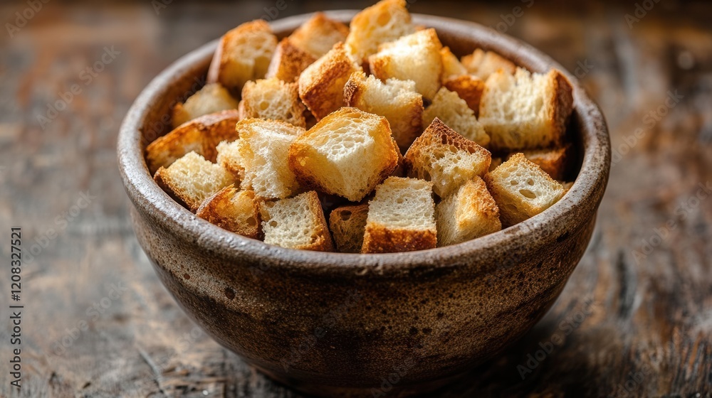 a rustic ceramic bowl overflowing with artisanal sourdough croutons, warm natural lighting, overhead composition, textural detail, soft shadows, food photography style a rustic ceramic bowl overflowing with artisanal sourdough croutons, warm natural lighting, overhead composition, textural detail, soft shadows, food photography style