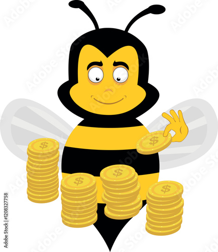 vector illustration character bee insect cartoon, counting a pile of coins