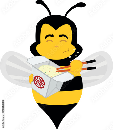 vector illustration character bee insect cartoon, eating chinese food in a cardboard box of rice with chopsticks