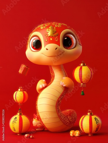 a cute Chinese snake ，red background, cartoon style, simple design, full-body portrait