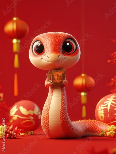 a cute Chinese snake ，red background, cartoon style, simple design, full-body portrait