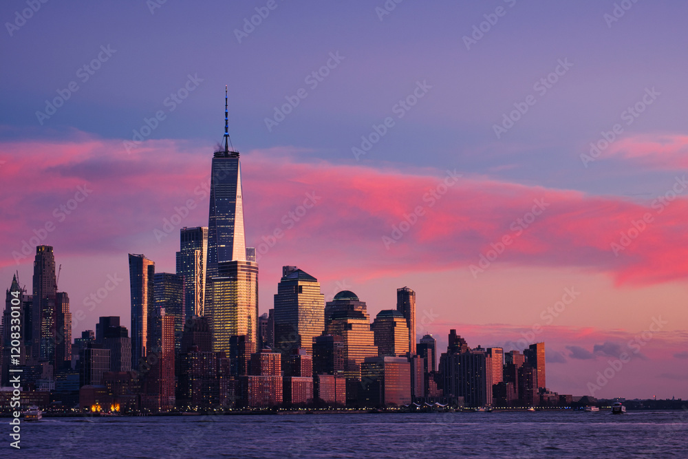 Obraz premium Long exposure of the Manhattan skyline viewed from Hoboken, New Jersey, at dusk. The serene evening light enhances the city's iconic skyscrapers over the Hudson River.
