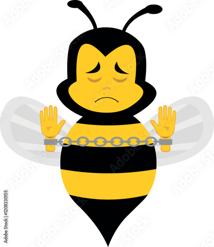 vector illustration character bee insect cartoon, slave or prisoner handcuffed with chains 