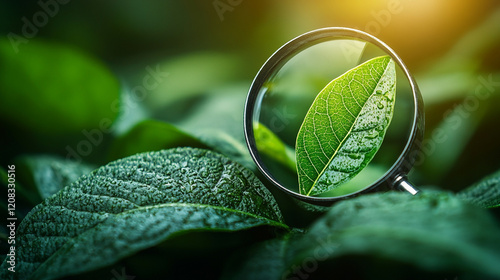 A magnifying glass focuses sunlight on a leaf symbolizing discovery with modern minimalism and blurred space for captions

