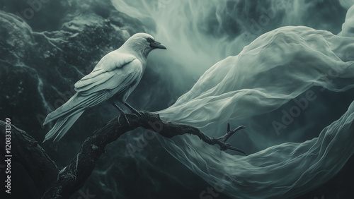 Mysterious white bird perched on a branch with eerie mist swirling in a dark landscape photo