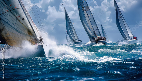 Sailboat is being pushed by the wind and water. The boat is in the middle of a wave and the water is splashing