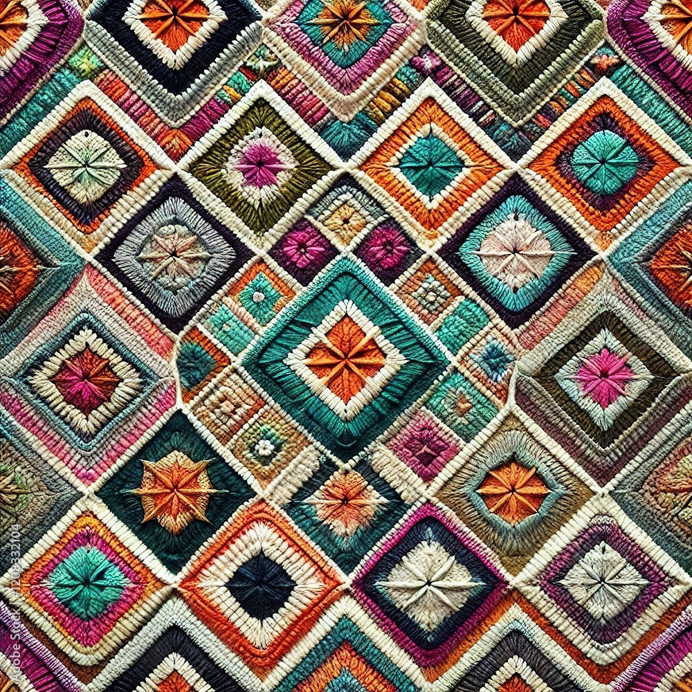 Seamless knitted pattern in the form of gradient rhombuses is crocheted with multi-colored threads. Patchwork style. AI generated. Seamless knitted pattern in the form of gradient rhombuses is crocheted with multi-colored threads. Patchwork style. AI generated.
