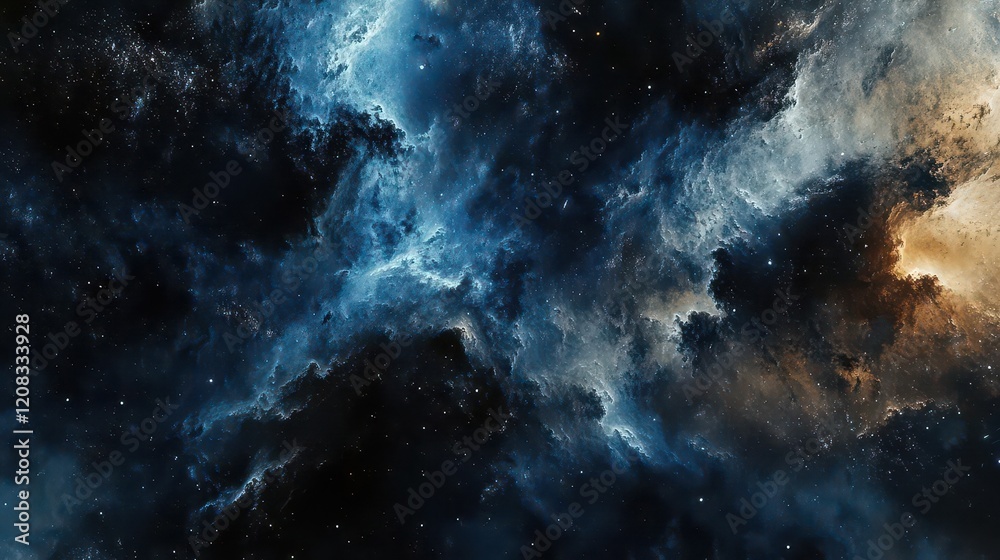 Fototapeta premium abstract technological landscape with deep space nebula effects, digital gradient mesh from midnight blue to obsidian black, particle effects, dynamic composition