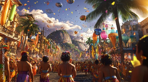 Vibrant street festival in a tropical setting, featuring diverse dancers adorned in colorful costumes. photo