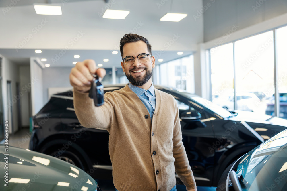 Smiling satisfied car buyer showing keys of his brand new car at car showroom.