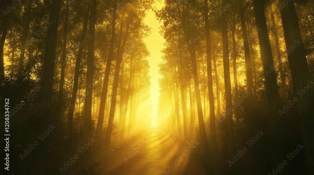 Obraz premium aerial perspective of a mystical forest road at dawn, symmetrical rows of towering evergreens create leading lines through morning mist, soft golden light filtering through branches