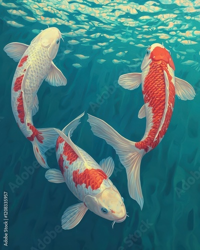 Graceful koi fish swimming in patterns underwater serene environment digital artwork photo