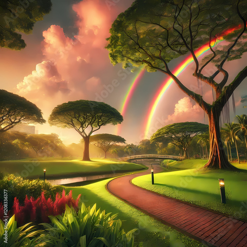 Rainbow in the forest with creek