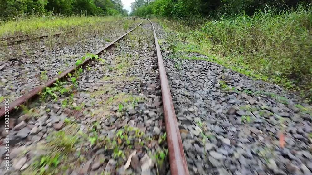 Forgotten Rails - Aerial drone images capturing an abandoned train station with rusting railcars, overgrown tracks, and a sense of decay.