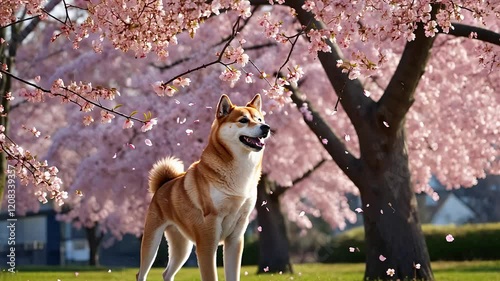 Shiba Inu Dog Standing Beneath Beautiful Cherry Blossom Trees with Petals Gently Falling in Spring Park

 photo