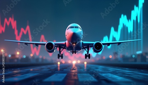 Airplane takes off from runway during COVID-19 pandemic. Stock chart shows dramatic drops, recoveries in travel industry finance. Travel restrictions impacted travel company stock prices. Recovery